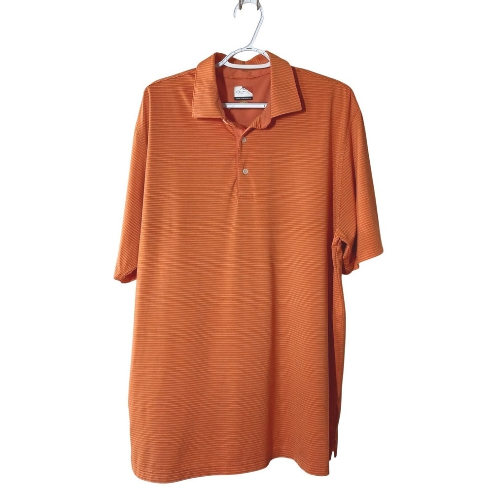 Greg Norman Play Dry Mens XL Orange Striped Golf Polo Shirt Short Sleeve Shark